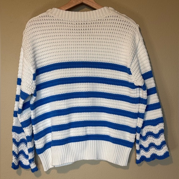 J. Crew Blue White Textured Striped Nautical Cotton Knit Pullover Sweater - Picture 3 of 10